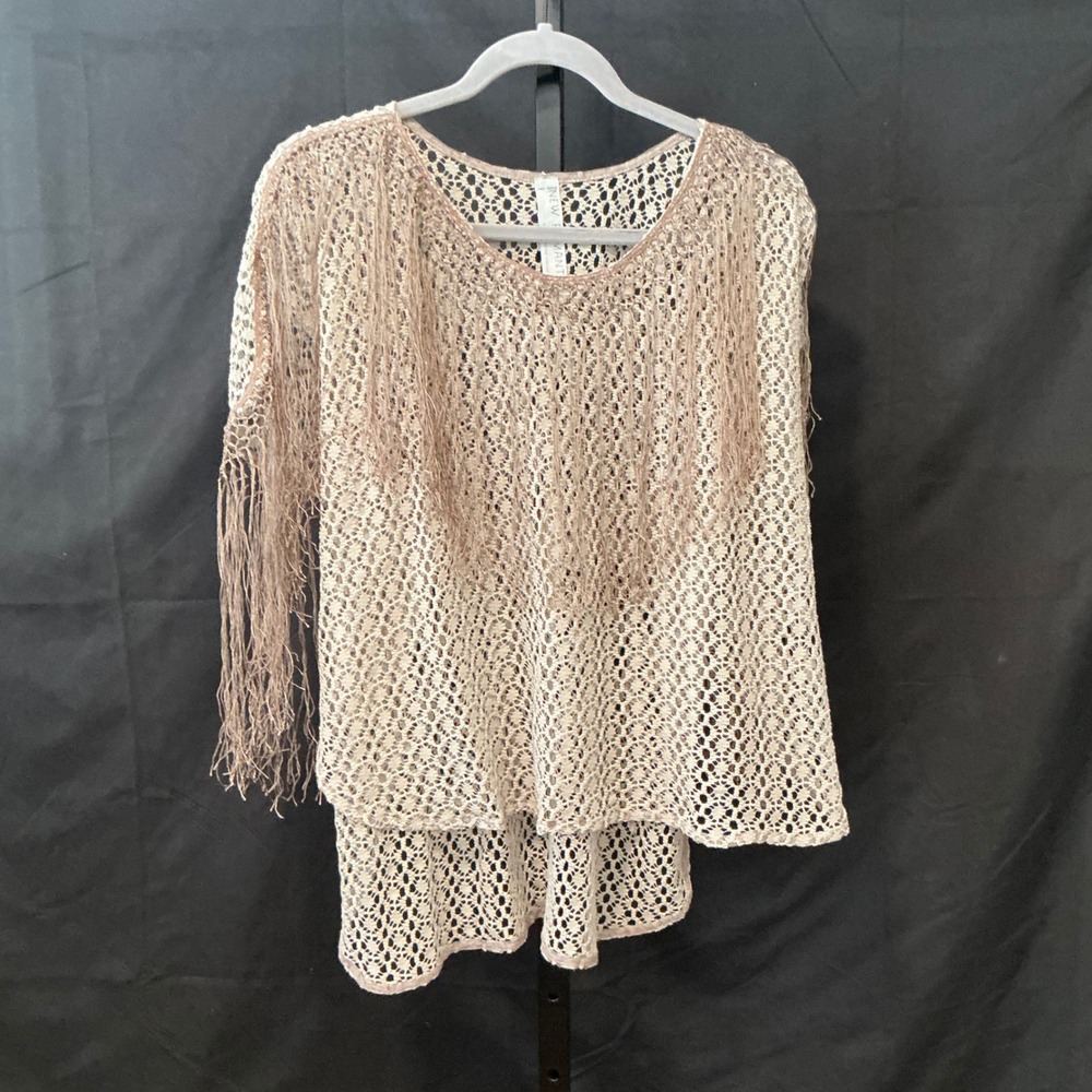 Free People New Romantics Crochet Fringe Overlay Tunic Top Women's S Beige